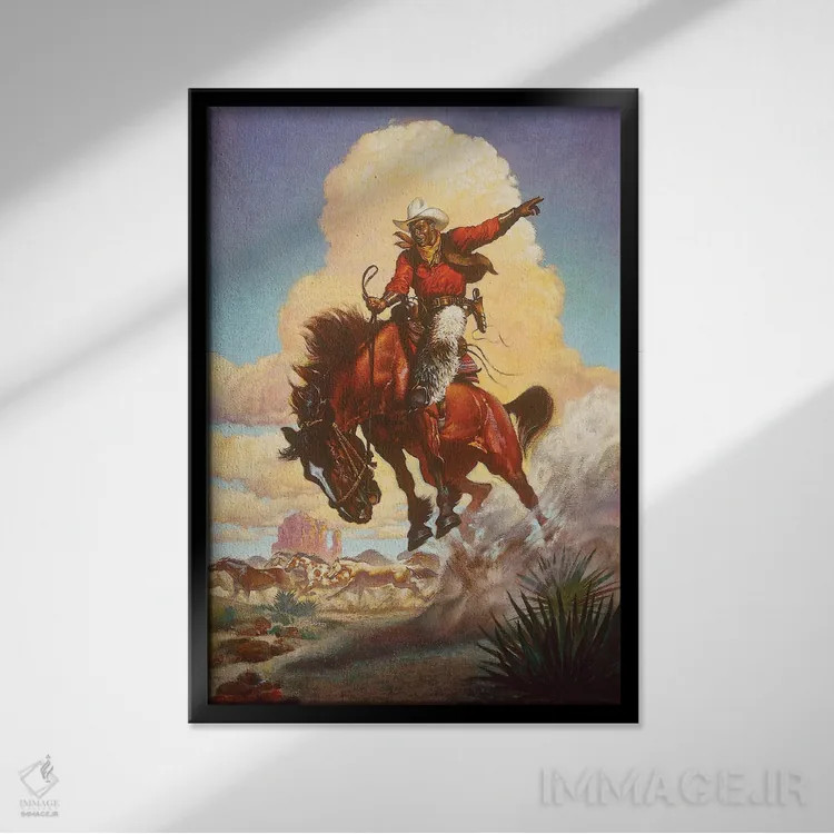 تابلو دکوراتیو رام کردن اسب های وحشی اثر ازرا تاکر - نمای قابدار مشکی