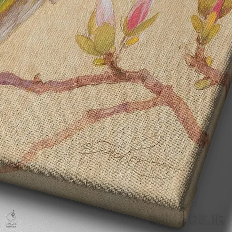 تابلو دکوراتیو طوطی کارولینا و ماگنولیا اثر ازرا تاکر - نمای نزدیک بافت بوم