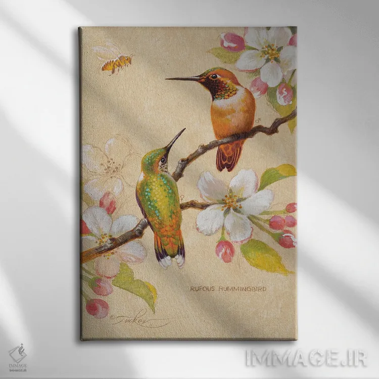 تابلو دکوراتیو مرغ های مگس خوار سرخ رنگ ۳ اثر ازرا تاکر - نمای روبهرو روی دیوار