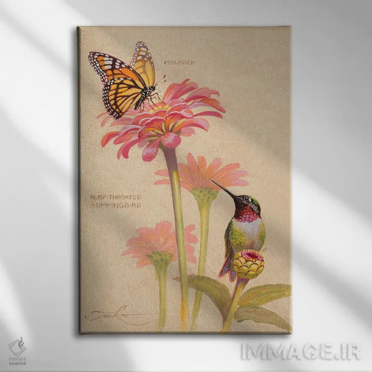 تابلو دکوراتیو مرغ مگس خوار گلوی یاقوتی و ملکه پروانه ها اثر ازرا تاکر - نمای روبهرو روی دیوار