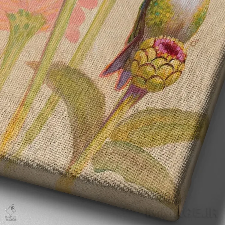 تابلو دکوراتیو مرغ مگس خوار گلوی یاقوتی و ملکه پروانه ها اثر ازرا تاکر - نمای نزدیک بافت بوم