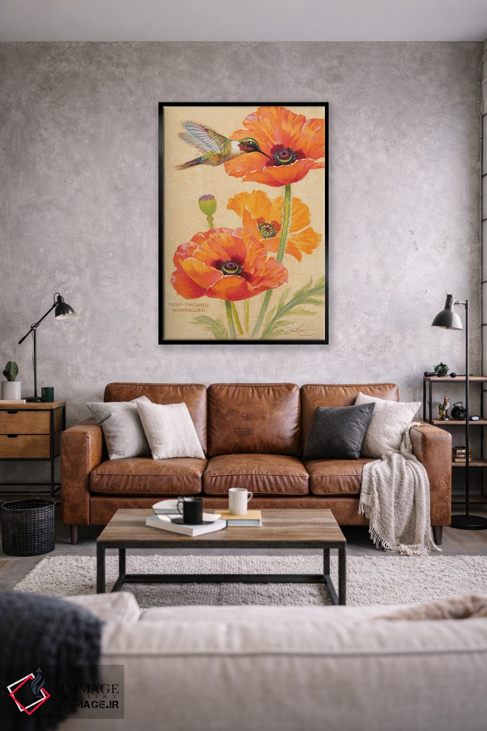 تابلو دکوراتیو مرغ مگس خوار گلوی یاقوتی و شقایق ها اثر ازرا تاکر - D2B