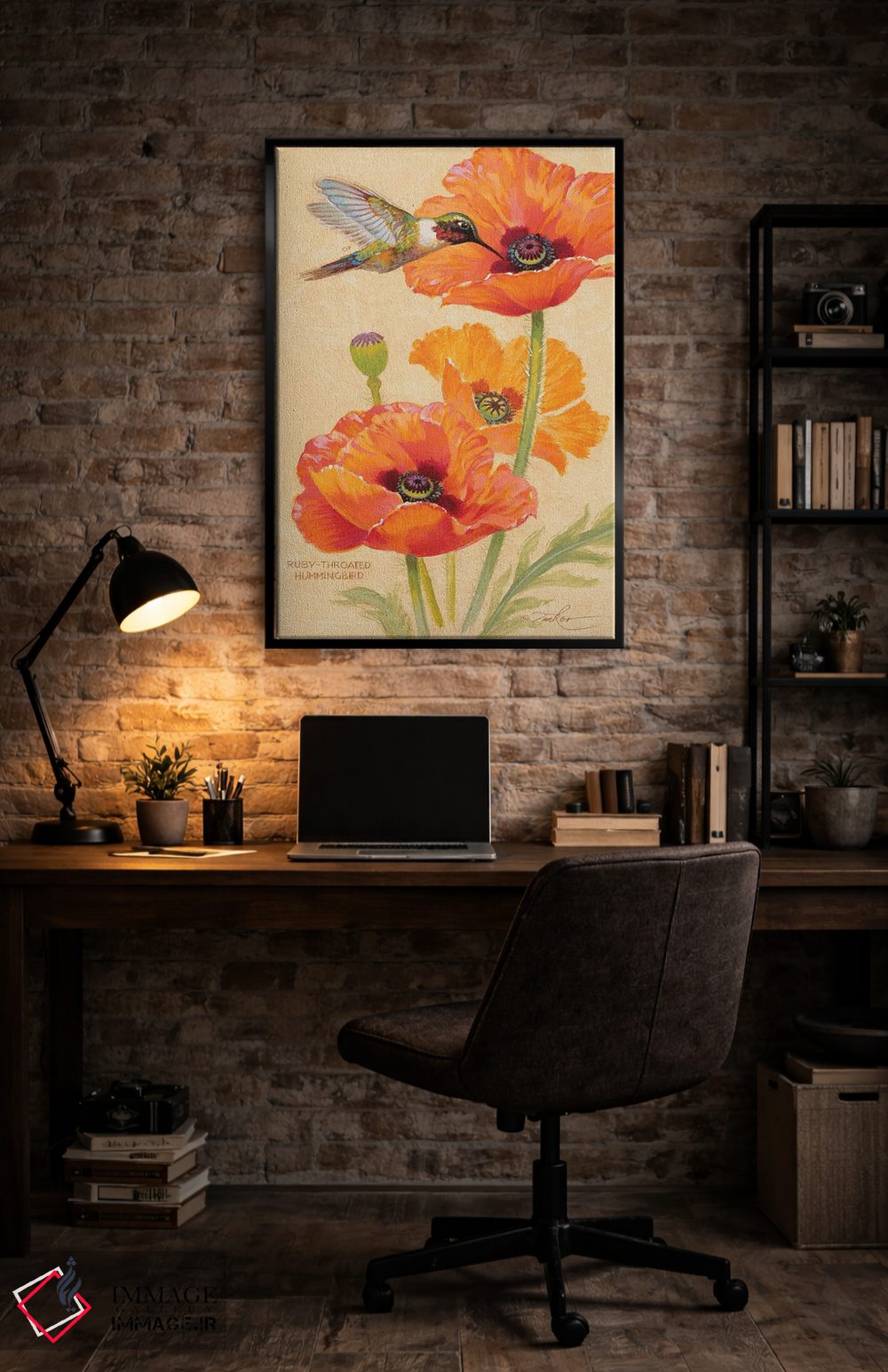 تابلو دکوراتیو مرغ مگس خوار گلوی یاقوتی و شقایق ها اثر ازرا تاکر - D6B