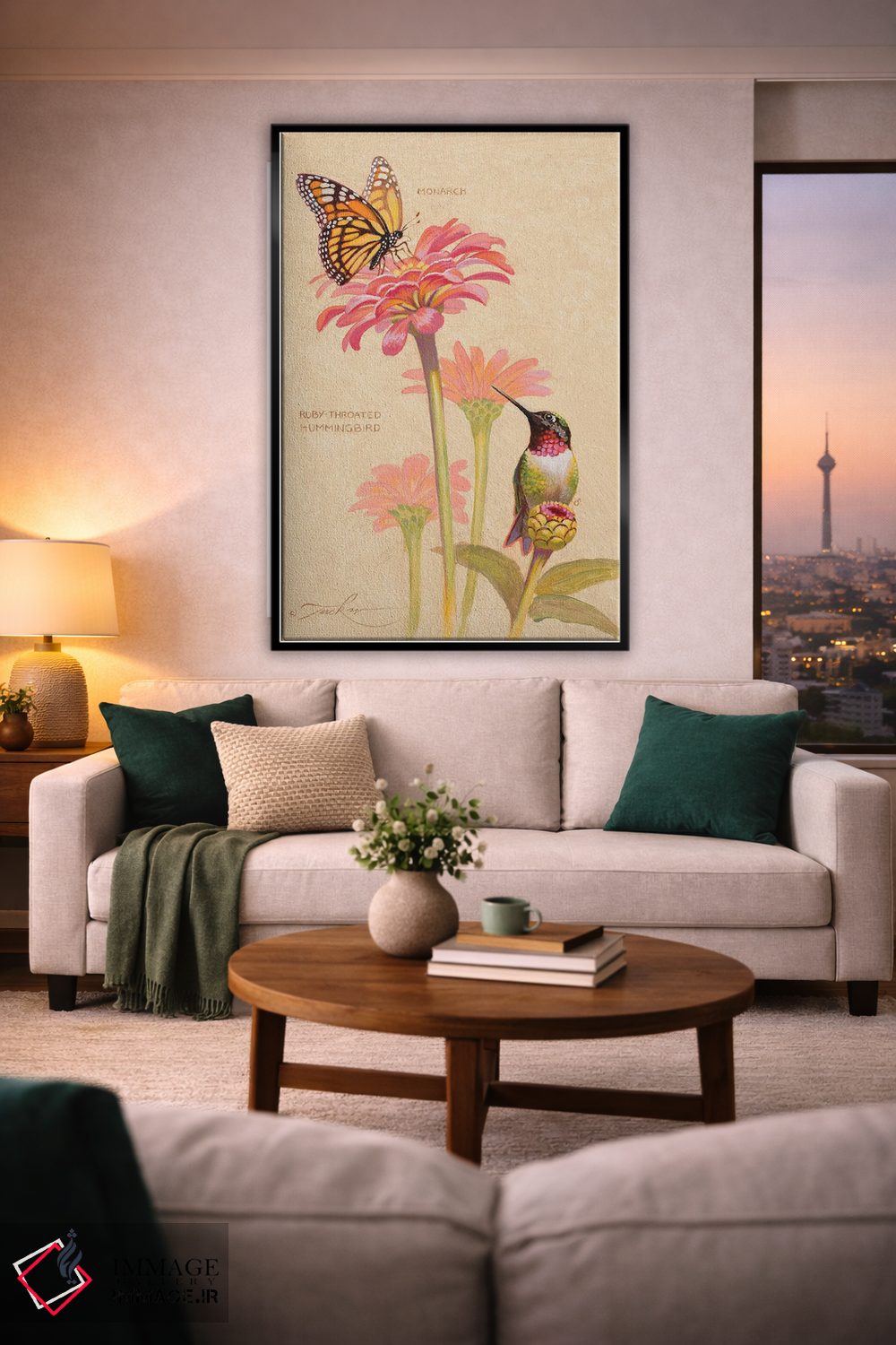 تابلو دکوراتیو مرغ مگس خوار گلوی یاقوتی و ملکه پروانه ها اثر ازرا تاکر - D2B
