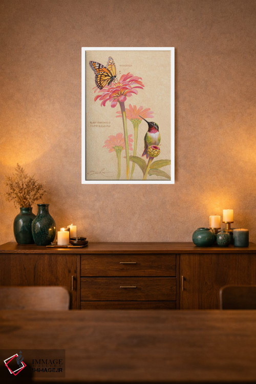 تابلو دکوراتیو مرغ مگس خوار گلوی یاقوتی و ملکه پروانه ها اثر ازرا تاکر - D1W