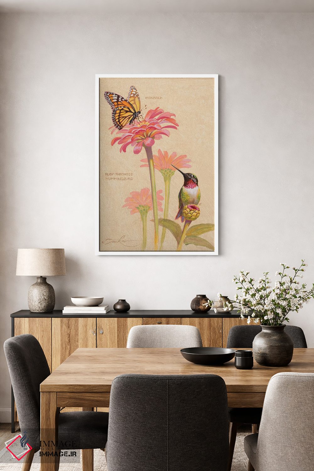 تابلو دکوراتیو مرغ مگس خوار گلوی یاقوتی و ملکه پروانه ها اثر ازرا تاکر - D4W