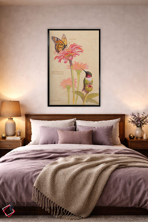 تابلو دکوراتیو مرغ مگس خوار گلوی یاقوتی و ملکه پروانه ها اثر ازرا تاکر - D5B