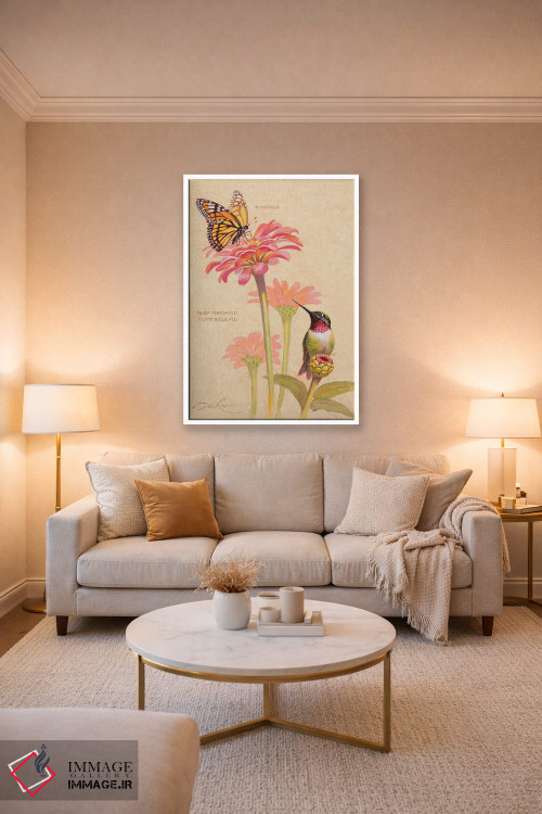 تابلو دکوراتیو مرغ مگس خوار گلوی یاقوتی و ملکه پروانه ها اثر ازرا تاکر - D3W