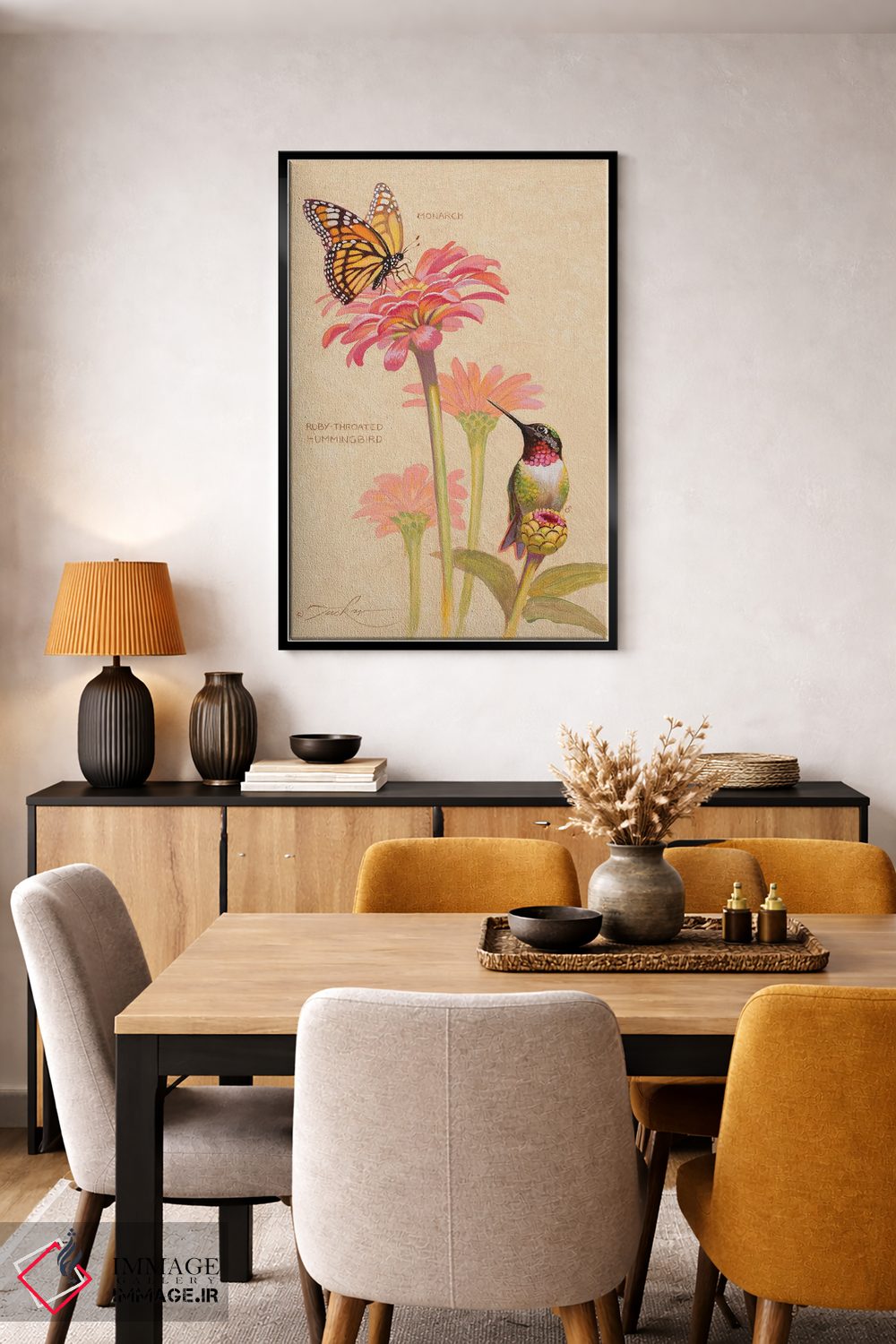 تابلو دکوراتیو مرغ مگس خوار گلوی یاقوتی و ملکه پروانه ها اثر ازرا تاکر - D6B