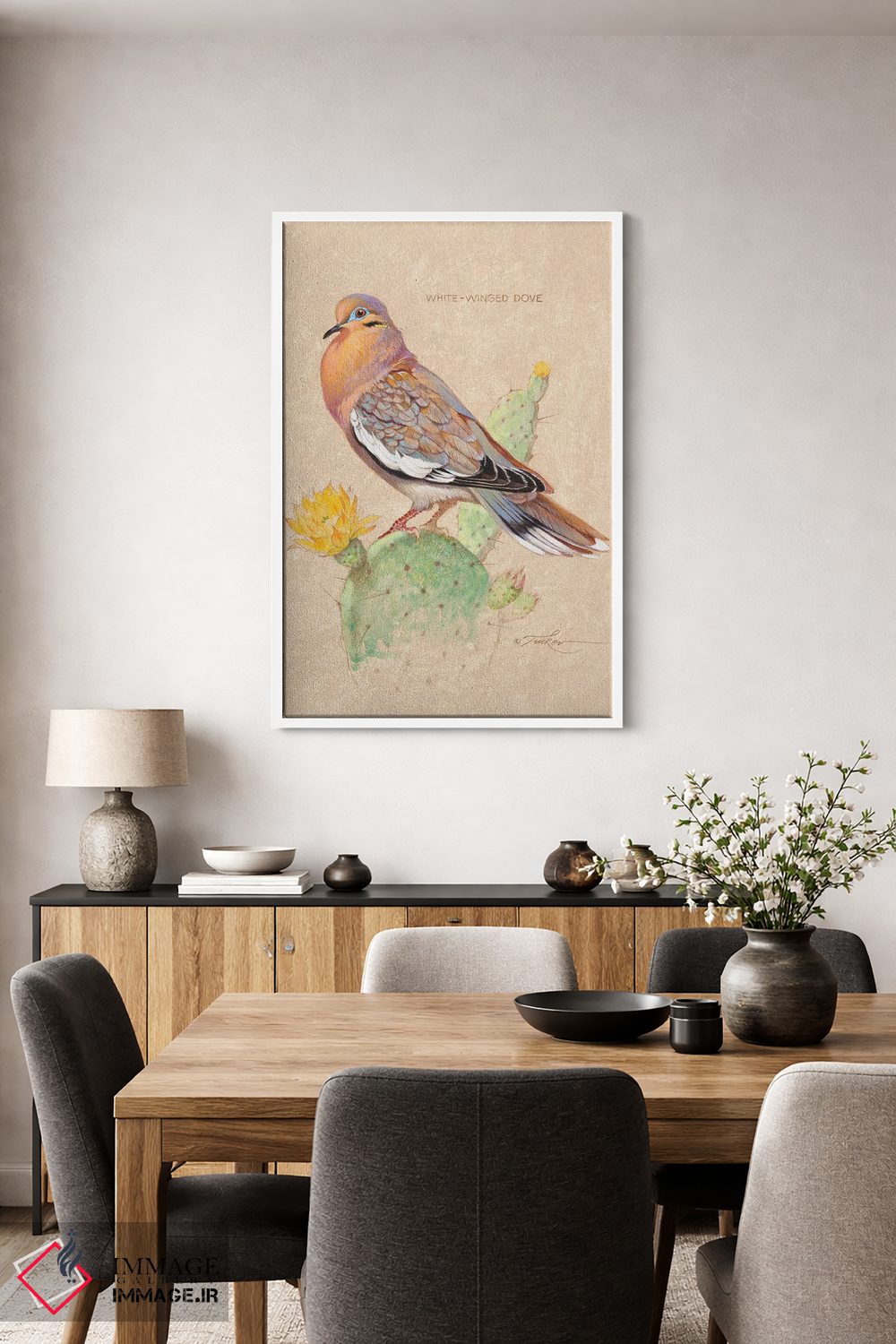 تابلو دکوراتیو قمری سفیدبال روی کاکتوس اثر ازرا تاکر - D4W