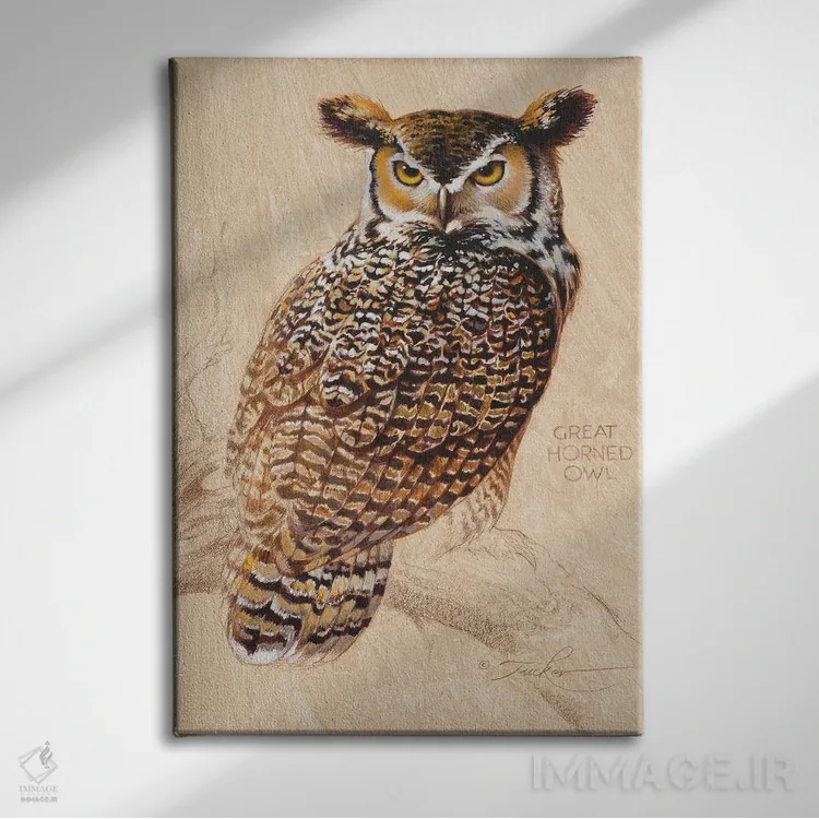 تابلو دکوراتیو جغد شاخدار بزرگ اثر ازرا تاکر - نمای روبهرو روی دیوار