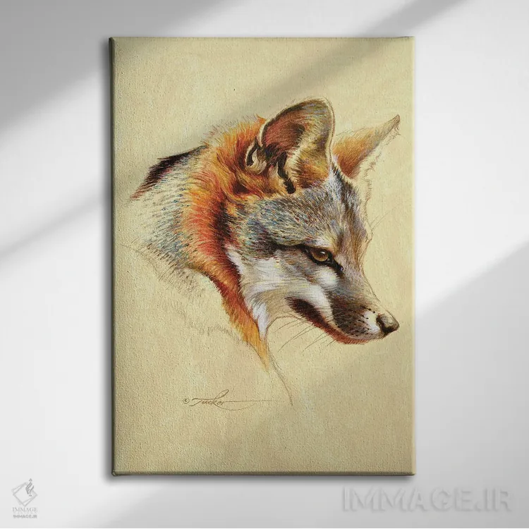 تابلو دکوراتیو پرتره روباه خاکستری اثر ازرا تاکر - نمای روبهرو روی دیوار