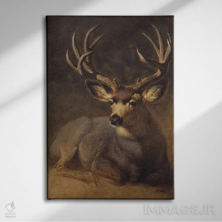 تابلو دکوراتیو آهو نر خاکستری زمستانی اثر ازرا تاکر - نمای روبهرو روی دیوار