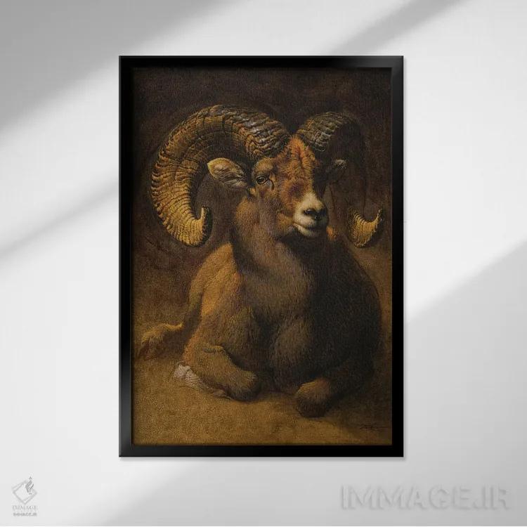 تابلو دکوراتیو قوچ کوهستان راکی اثر ازرا تاکر - نمای قابدار مشکی