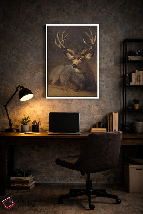 تابلو دکوراتیو آهو نر خاکستری زمستانی اثر ازرا تاکر - D6W