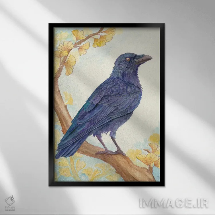 تابلو دکوراتیو کلاغ نشسته اثر مایت فلای آرت اند ایلاستریشن - نمای قابدار مشکی