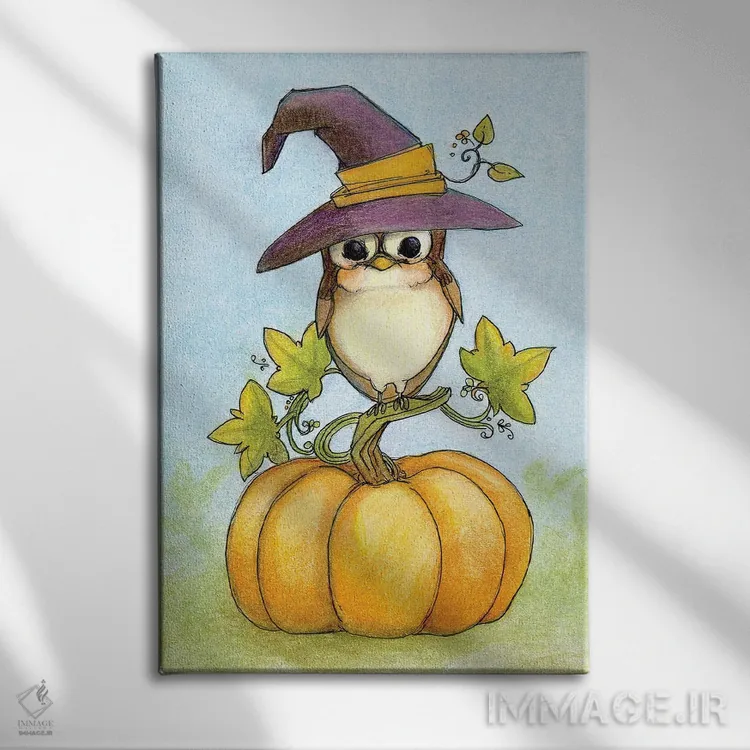تابلو دکوراتیو شب هالووین جغدی اثر مایت فلای آرت اند ایلاستریشن - نمای روبهرو روی دیوار