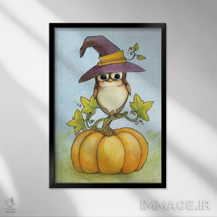 تابلو دکوراتیو شب هالووین جغدی اثر مایت فلای آرت اند ایلاستریشن - نمای قابدار مشکی