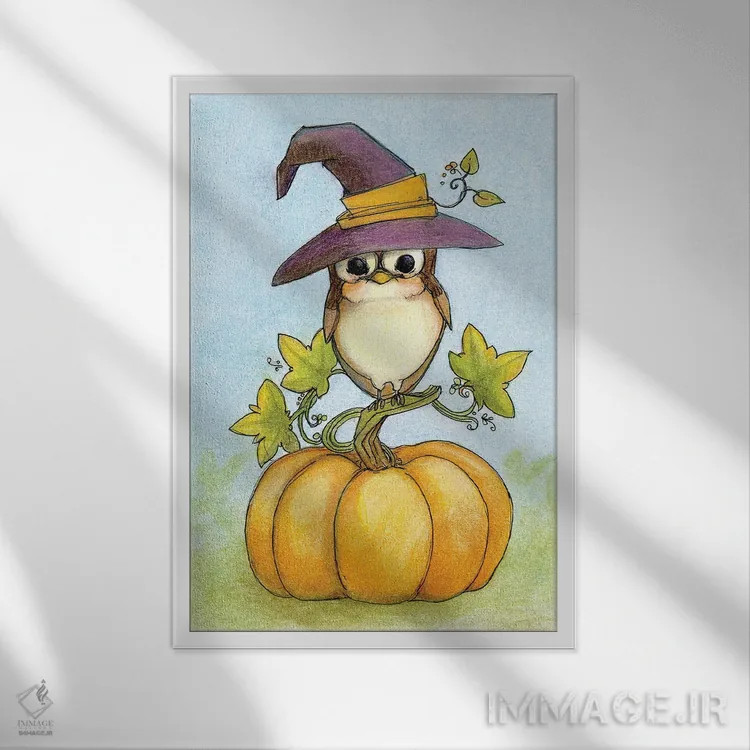 تابلو دکوراتیو شب هالووین جغدی اثر مایت فلای آرت اند ایلاستریشن - نمای قابدار سفید