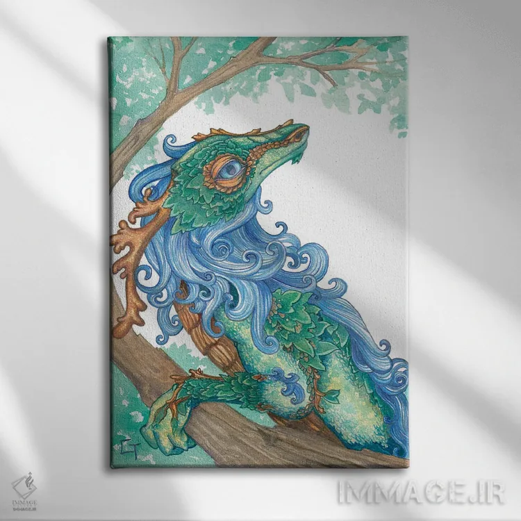 تابلو دکوراتیو اژدهای یال آبی اثر مایت فلای آرت اند ایلاستریشن - نمای روبهرو روی دیوار