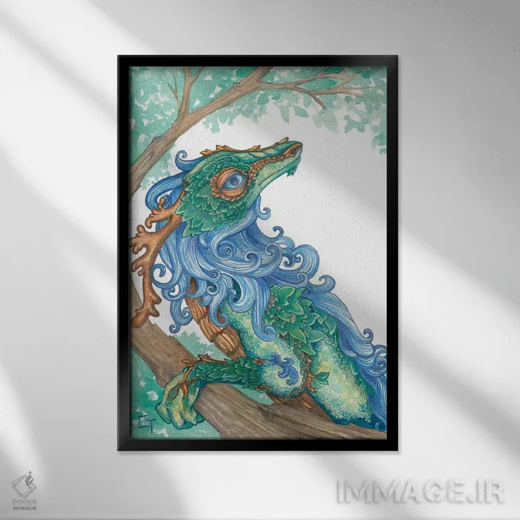 تابلو دکوراتیو اژدهای یال آبی اثر مایت فلای آرت اند ایلاستریشن - نمای قابدار مشکی