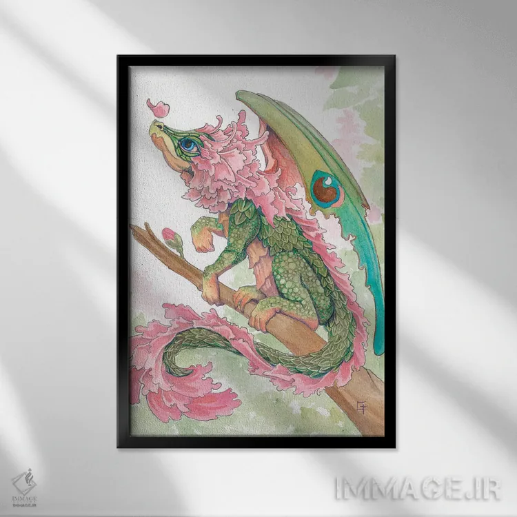 تابلو دکوراتیو اژدهای شکوفه گیلاس اثر مایت فلای آرت اند ایلاستریشن - نمای قابدار مشکی