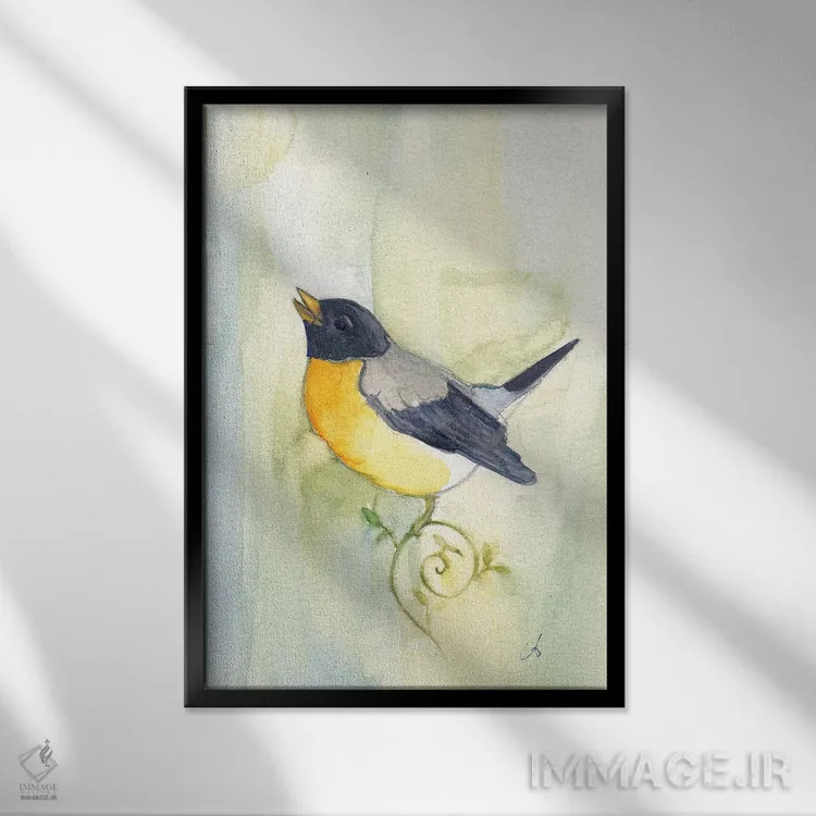تابلو دکوراتیو پرنده آوازه خوان اثر مایت فلای آرت اند ایلاستریشن - نمای قابدار مشکی