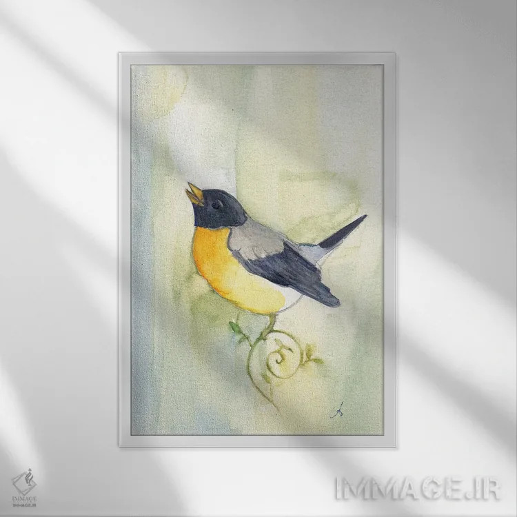 تابلو دکوراتیو پرنده آوازه خوان اثر مایت فلای آرت اند ایلاستریشن - نمای قابدار سفید