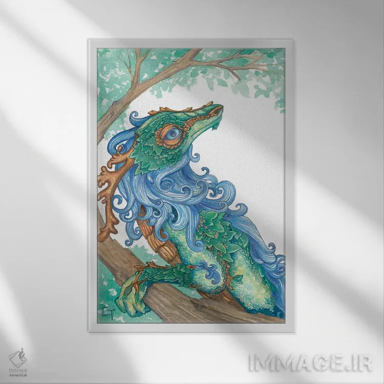 تابلو دکوراتیو اژدهای یال آبی اثر مایت فلای آرت اند ایلاستریشن - نمای قابدار سفید