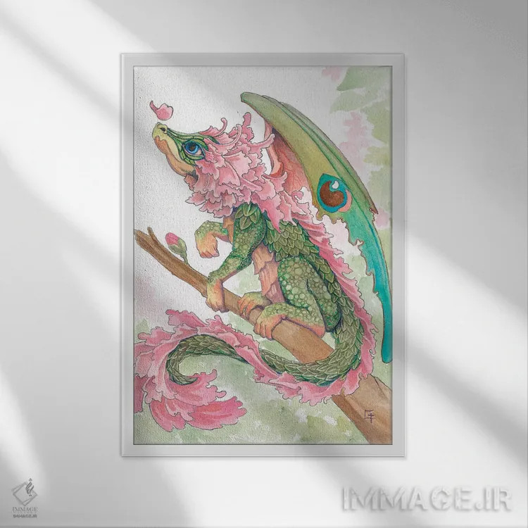 تابلو دکوراتیو اژدهای شکوفه گیلاس اثر مایت فلای آرت اند ایلاستریشن - نمای قابدار سفید