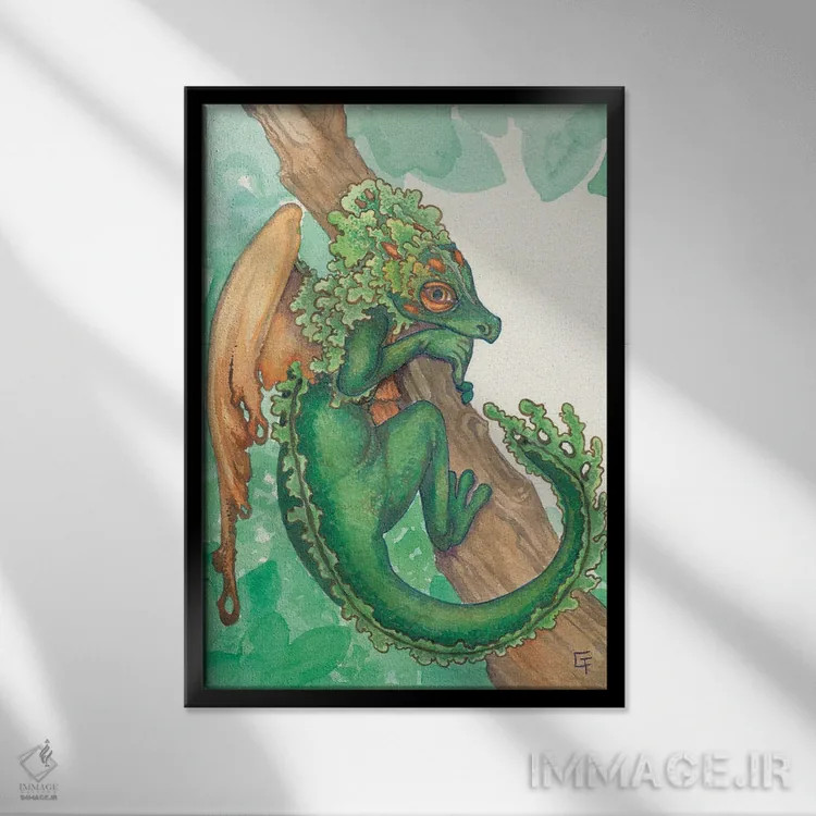 تابلو دکوراتیو اژدهای خزه توده ای اثر مایت فلای آرت اند ایلاستریشن - نمای قابدار مشکی