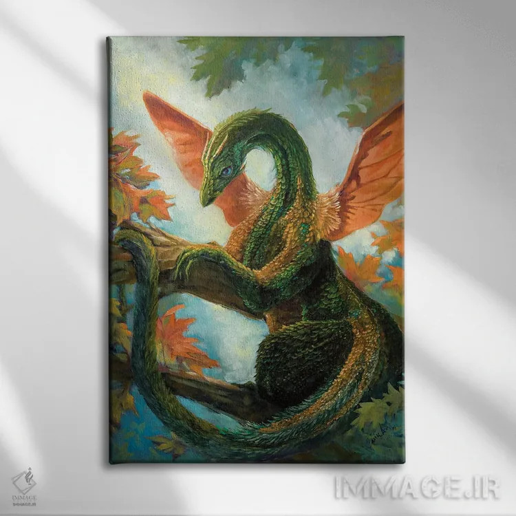 تابلو دکوراتیو اژدهای سبزینه ای اثر مایت فلای آرت اند ایلاستریشن - نمای روبهرو روی دیوار