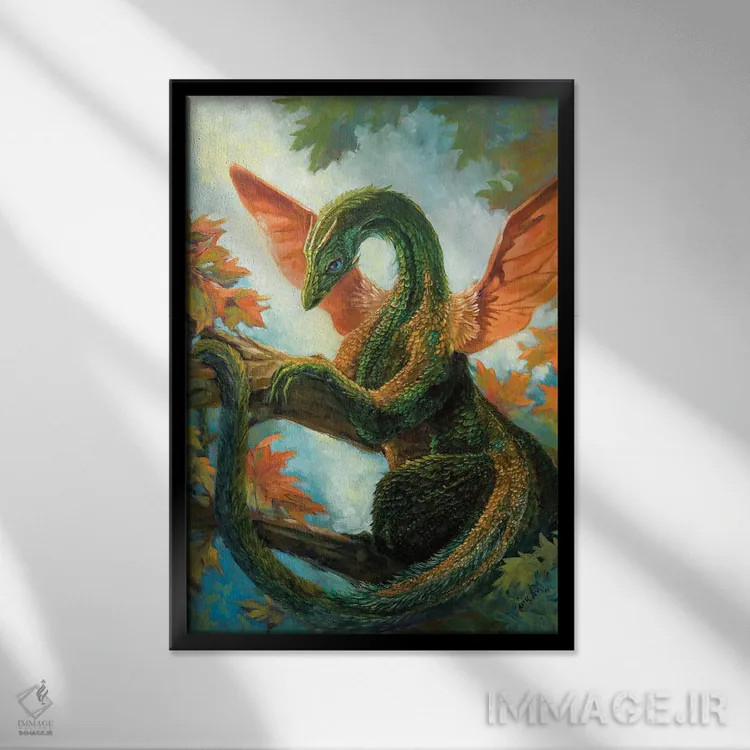 تابلو دکوراتیو اژدهای سبزینه ای اثر مایت فلای آرت اند ایلاستریشن - نمای قابدار مشکی