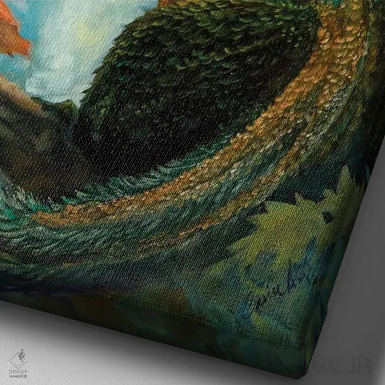 تابلو دکوراتیو اژدهای سبزینه ای اثر مایت فلای آرت اند ایلاستریشن - نمای نزدیک بافت بوم