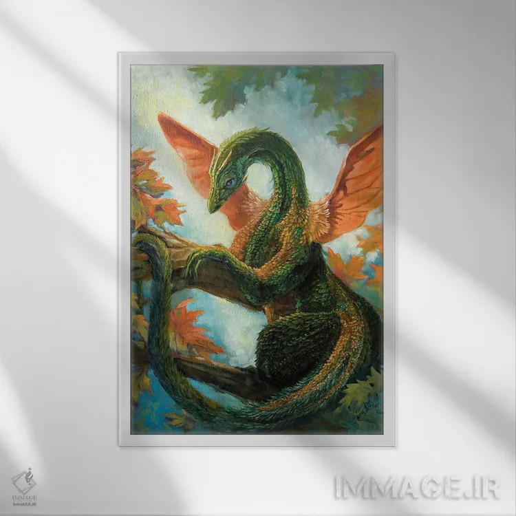 تابلو دکوراتیو اژدهای سبزینه ای اثر مایت فلای آرت اند ایلاستریشن - نمای قابدار سفید