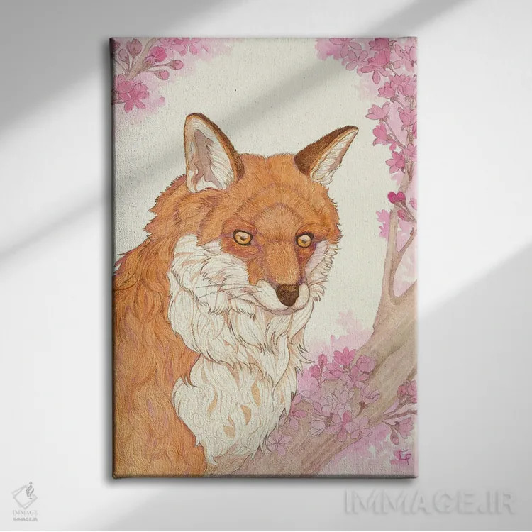 تابلو دکوراتیو روباه و شکوفه ها اثر مایت فلای آرت اند ایلاستریشن - نمای روبهرو روی دیوار