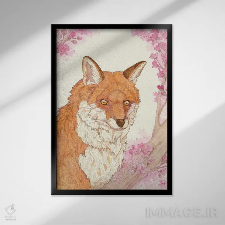 تابلو دکوراتیو روباه و شکوفه ها اثر مایت فلای آرت اند ایلاستریشن - نمای قابدار مشکی