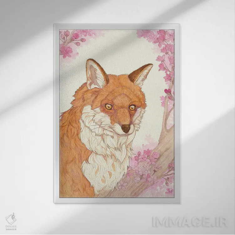 تابلو دکوراتیو روباه و شکوفه ها اثر مایت فلای آرت اند ایلاستریشن - نمای قابدار سفید
