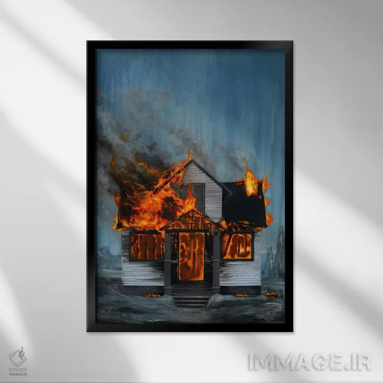 تابلو دکوراتیو خانه در آتش اثر فیموس ون دد - نمای قابدار مشکی
