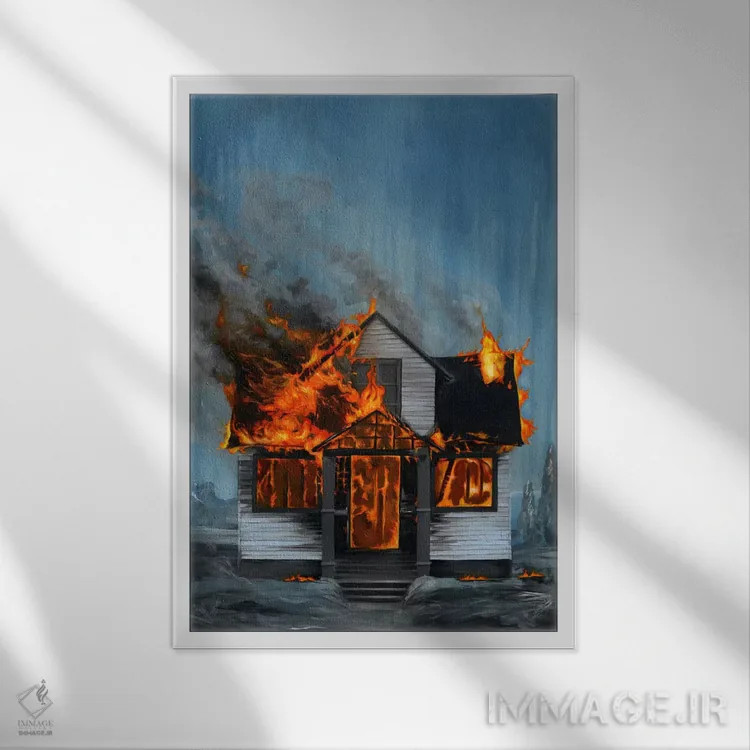 تابلو دکوراتیو خانه در آتش اثر فیموس ون دد - نمای قابدار سفید