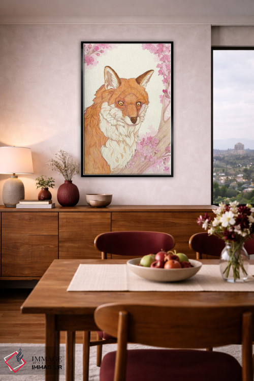 تابلو دکوراتیو روباه و شکوفه ها اثر مایت فلای آرت اند ایلاستریشن - D6B