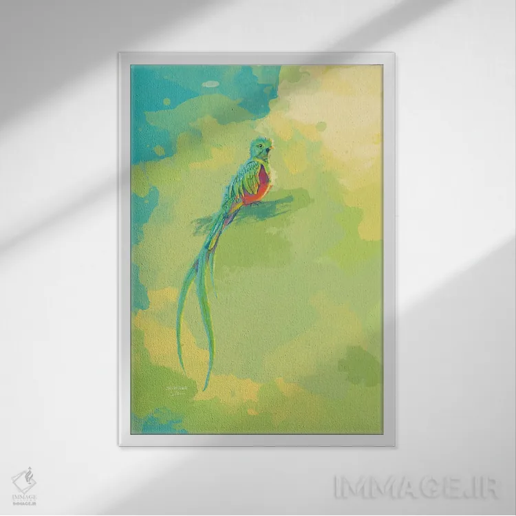 تابلو دکوراتیو کتزال باشکوه اثر فلو آرت استودیو - نمای قابدار سفید