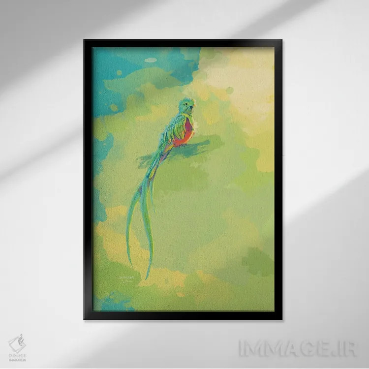 تابلو دکوراتیو کتزال باشکوه اثر فلو آرت استودیو - نمای قابدار مشکی