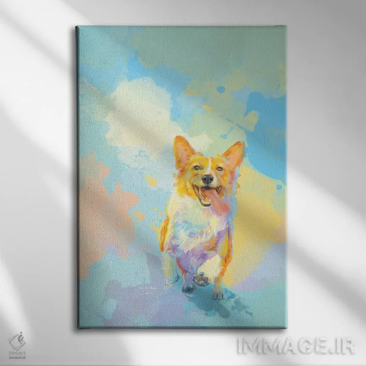 تابلو دکوراتیو کورگی خوشحال اثر فلو آرت استودیو - نمای روبهرو روی دیوار