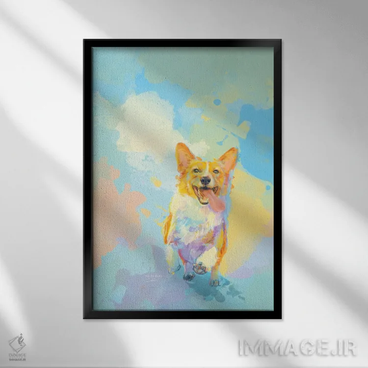 تابلو دکوراتیو کورگی خوشحال اثر فلو آرت استودیو - نمای قابدار مشکی