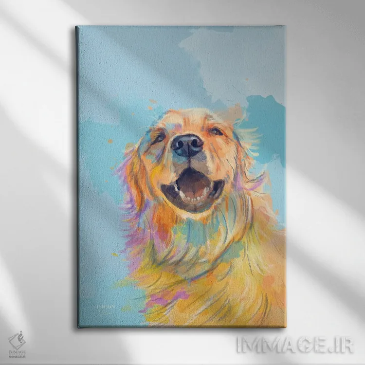 تابلو دکوراتیو لبخند طلایی – پرتره گلدن رتریور اثر فلو آرت استودیو - نمای روبهرو روی دیوار
