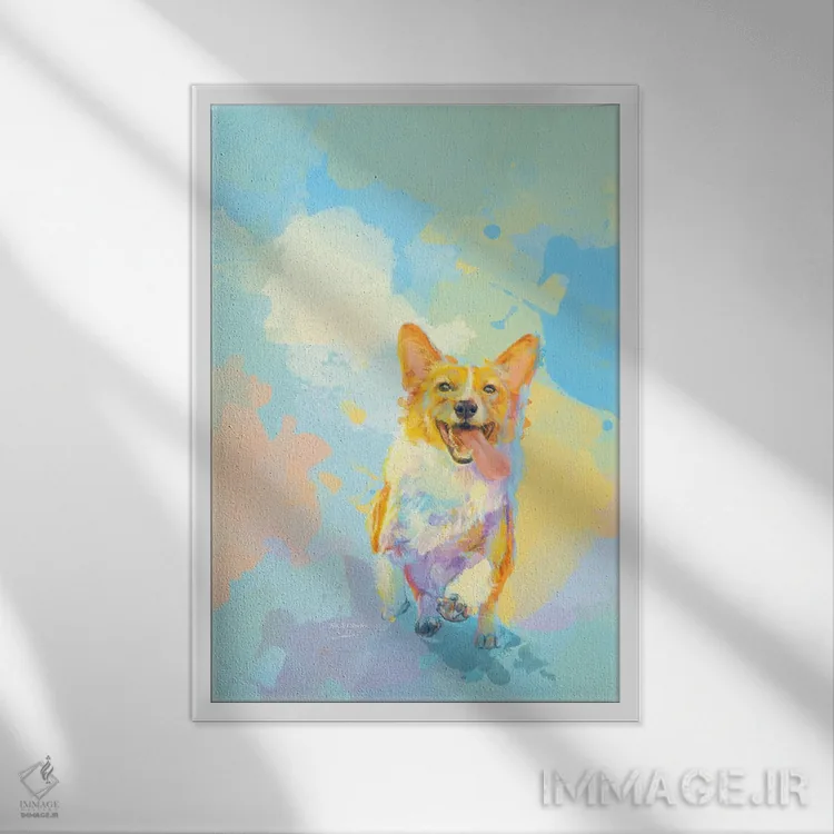 تابلو دکوراتیو کورگی خوشحال اثر فلو آرت استودیو - نمای قابدار سفید