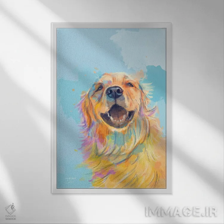تابلو دکوراتیو لبخند طلایی – پرتره گلدن رتریور اثر فلو آرت استودیو - نمای قابدار سفید