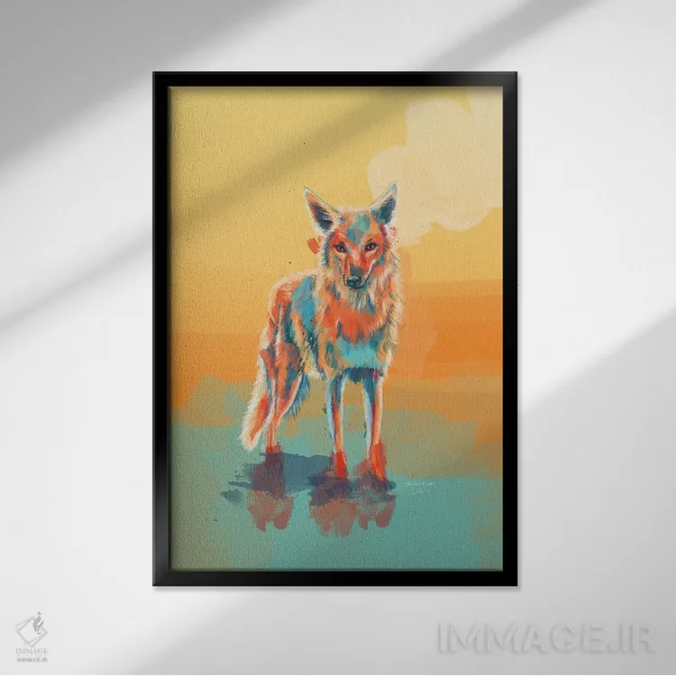 تابلو دکوراتیو کایوتی وحشی تنها اثر فلو آرت استودیو - نمای قابدار مشکی