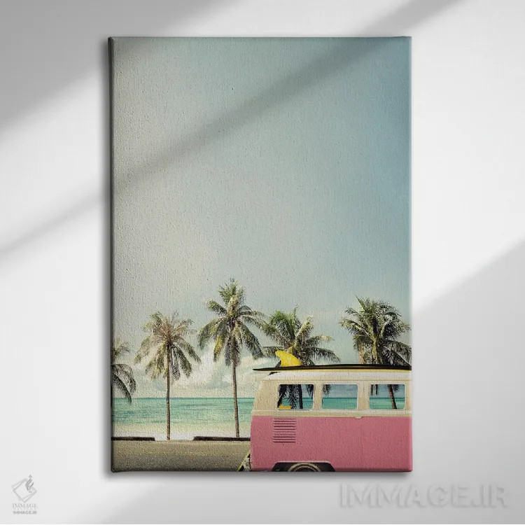 تابلو دکوراتیو اتوبوس ساحلی صورتی اثر دیزاین فابریکن - نمای روبهرو روی دیوار